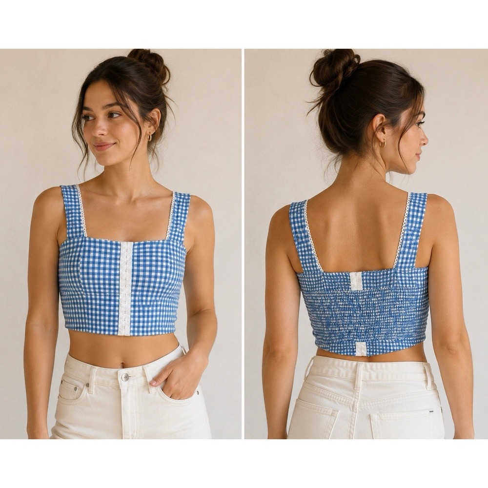 Monteau Los Angeles Blue and White Gingham Plaid Linen Crop Top Size M